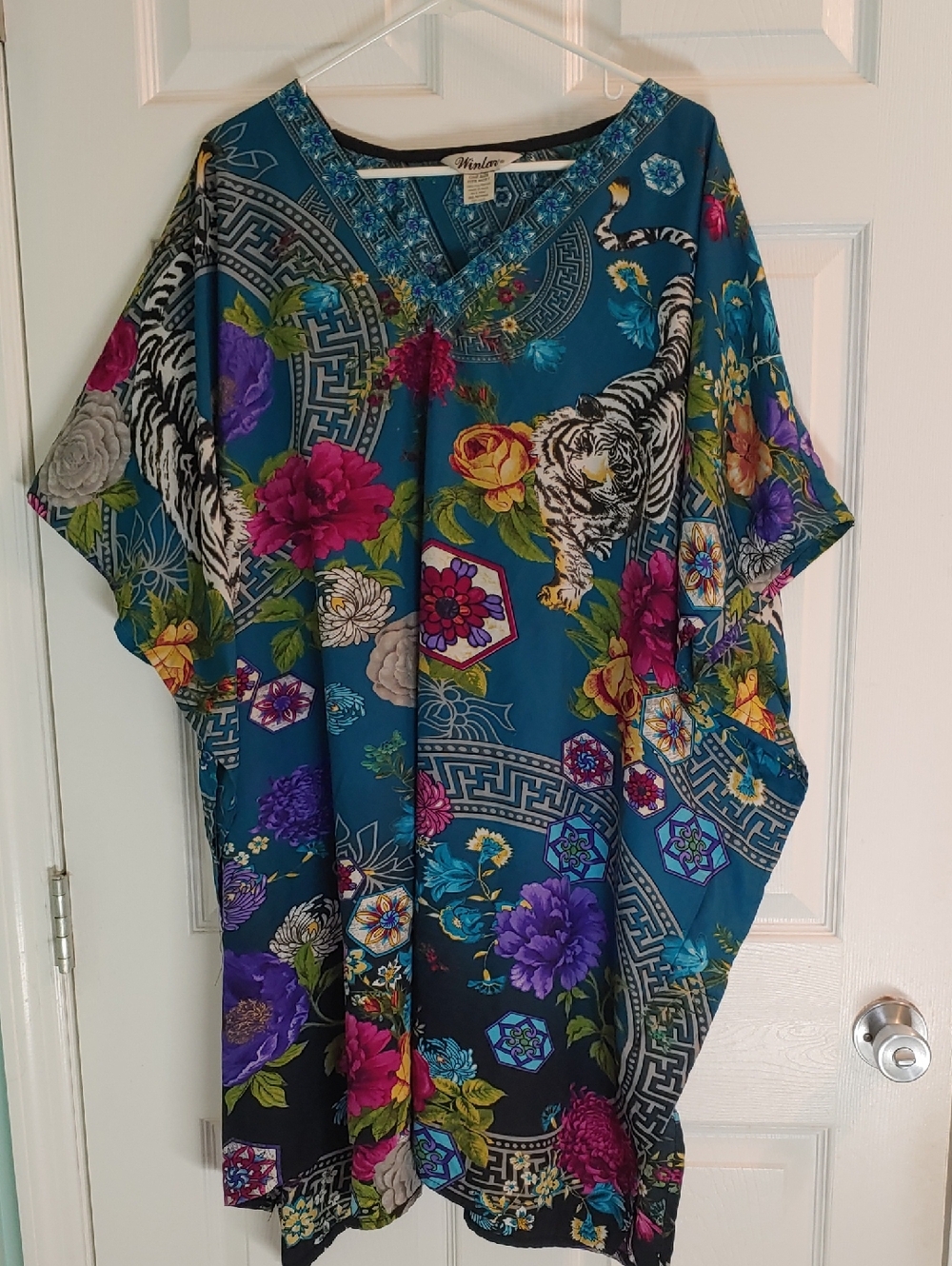 Vintage Winlar Teal Kaftan Bengal Tiger Floral Pattern One Size Fits Most